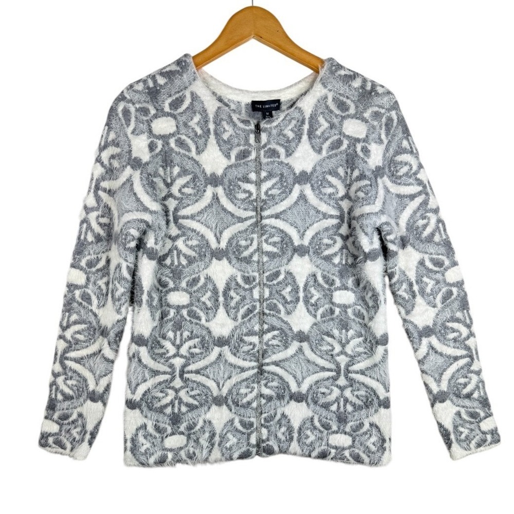 The Limited Womens Zip Up Cardigan Size Medium Geometric Floral Medallion Fuzzy